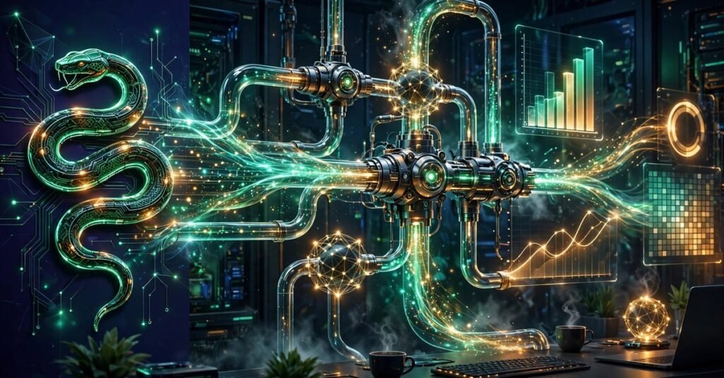 Digital illustration of a Python snake flowing into glowing data pipelines and analytics dashboards, representing AI tools for automating Python data analysis pipelines