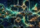 Digital illustration of a Python snake flowing into glowing data pipelines and analytics dashboards, representing AI tools for automating Python data analysis pipelines