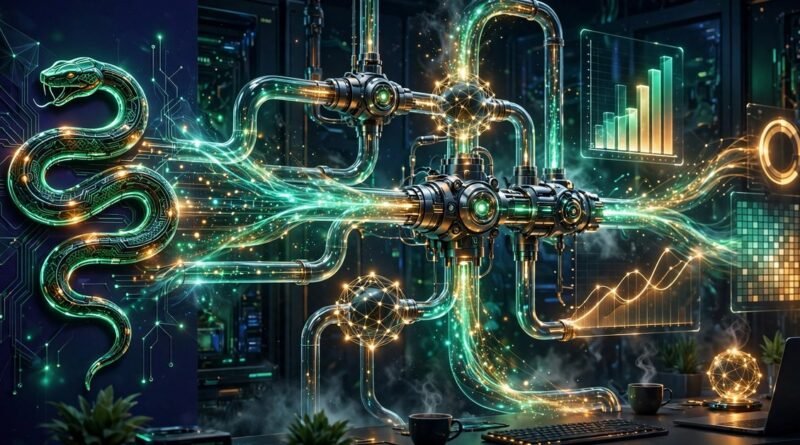 Digital illustration of a Python snake flowing into glowing data pipelines and analytics dashboards, representing AI tools for automating Python data analysis pipelines