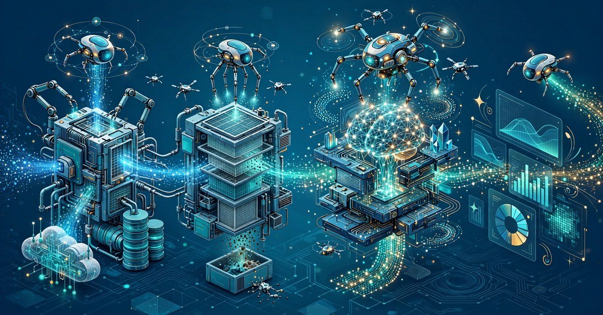 Isometric illustration of AI robots assembling modular data pipeline machines with data flowing into analytics dashboards