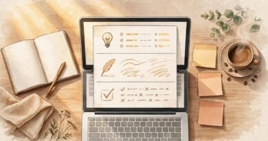 A writer using a step by step AI writing workflow at a desk with notes and a laptop