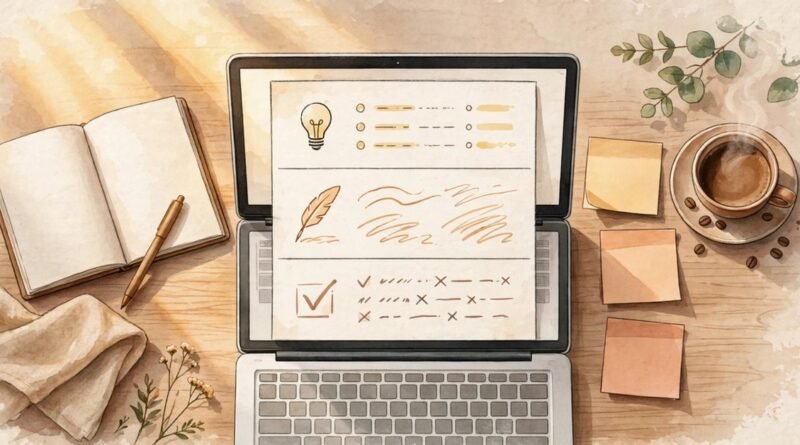 A writer using a step by step AI writing workflow at a desk with notes and a laptop