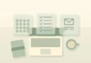 AI productivity tools for meetings, email, scheduling and tasks arranged around a laptop workspace