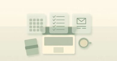 AI productivity tools for meetings, email, scheduling and tasks arranged around a laptop workspace