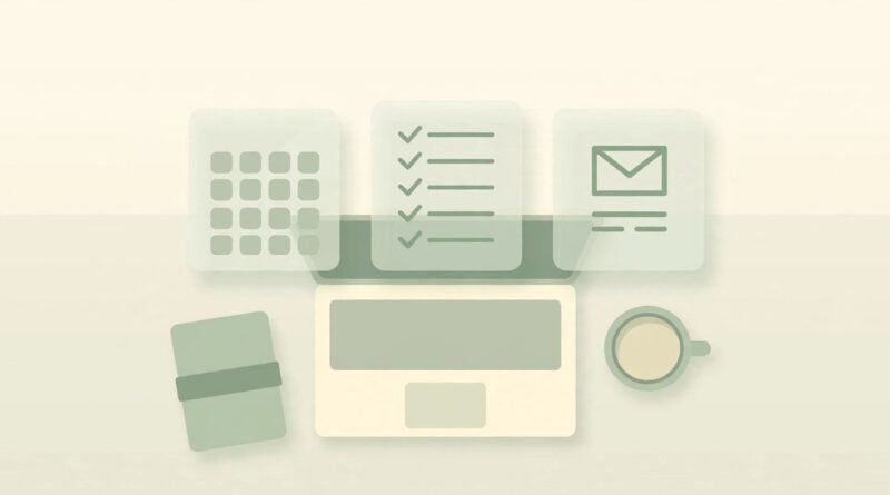 AI productivity tools for meetings, email, scheduling and tasks arranged around a laptop workspace