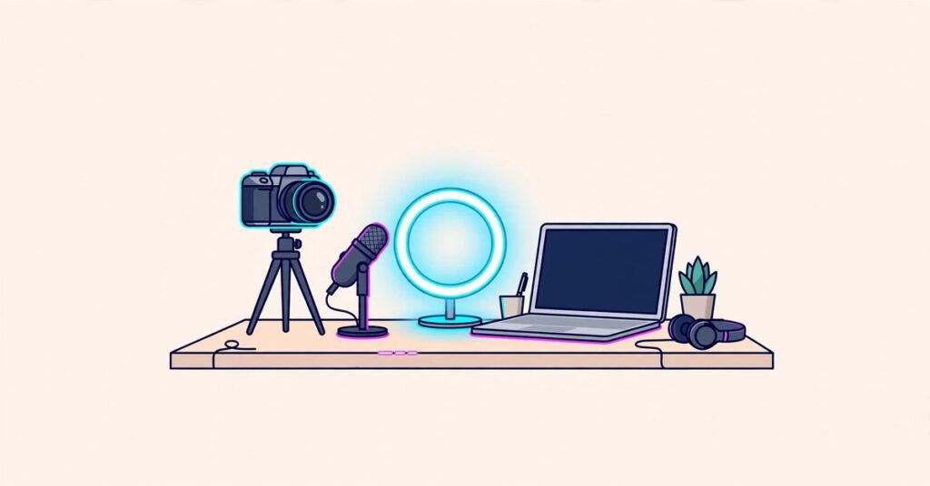 A content creator workspace with a camera, laptop and thumbnail designs showing AI tools for content creators in action