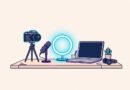 A content creator workspace with a camera, laptop and thumbnail designs showing AI tools for content creators in action