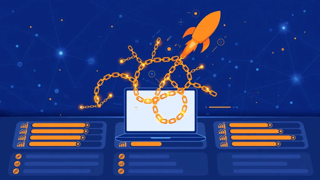 Backlink booster: rocket launching from laptop with link network