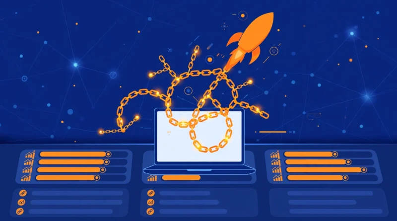 Backlink booster: rocket launching from laptop with link network