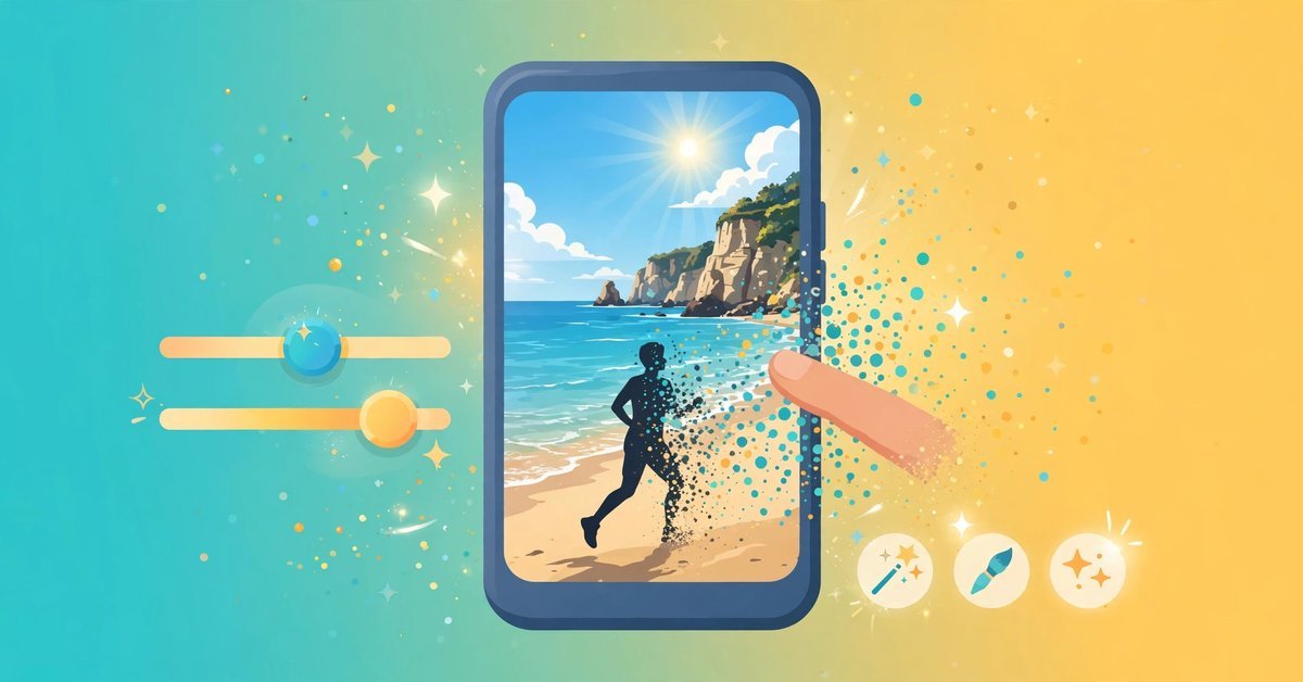 Using an AI object remover in a photo editor app to erase a person from a travel photo