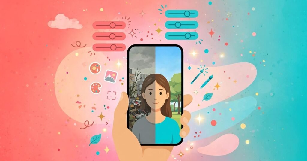 Smartphone showing a photo before and after editing with an AI photo editor app