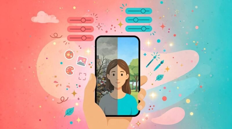 Smartphone showing a photo before and after editing with an AI photo editor app