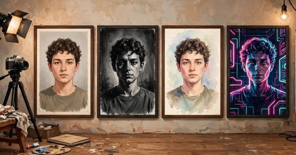 One selfie transformed into many different portrait styles using ChatGPT prompts