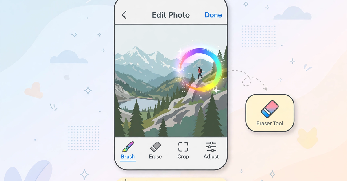 iPhone Photos app Clean Up tool with a brush selection highlighted over a person in a mountain photo