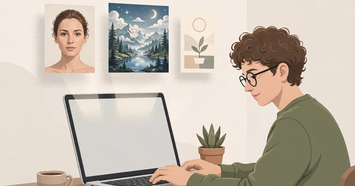 Person typing an image prompt on a laptop with AI generated portrait, landscape and poster artwork above the screen