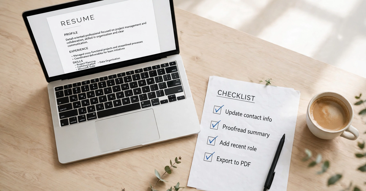 A job seeker reviewing an AI-generated resume draft from the best AI resume builder on a laptop beside a printed application checklist and coffee