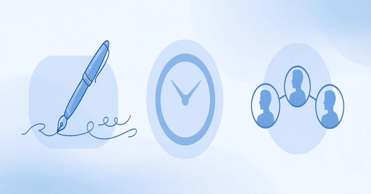 Flat illustration showing the three jobs of AI tools for email marketing: a fountain pen for copy, a clock for send time, and connected profiles for segmentation