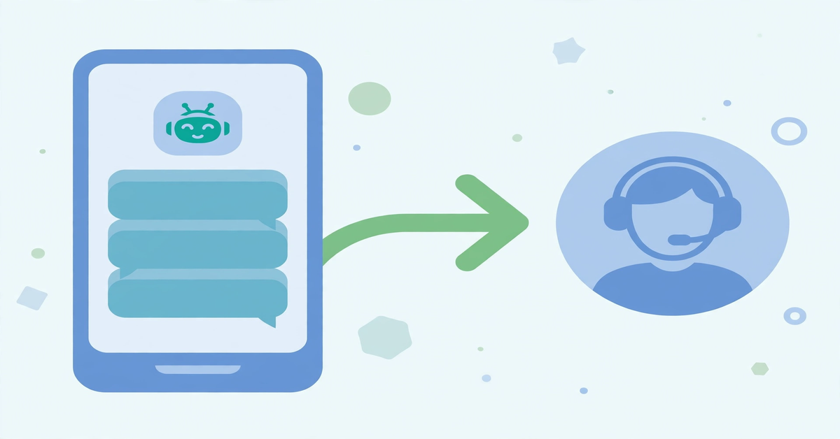 Flat vector illustration of an AI chatbot on a phone handing a conversation off to a human support agent with a headset