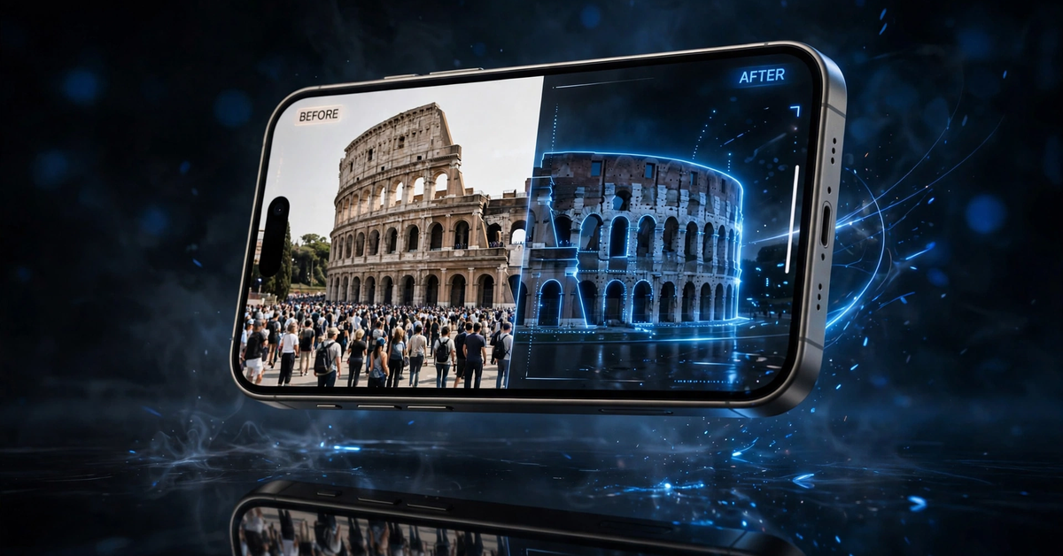 Before and after comparison showing people erased from a tourist landmark photo on an iPhone screen