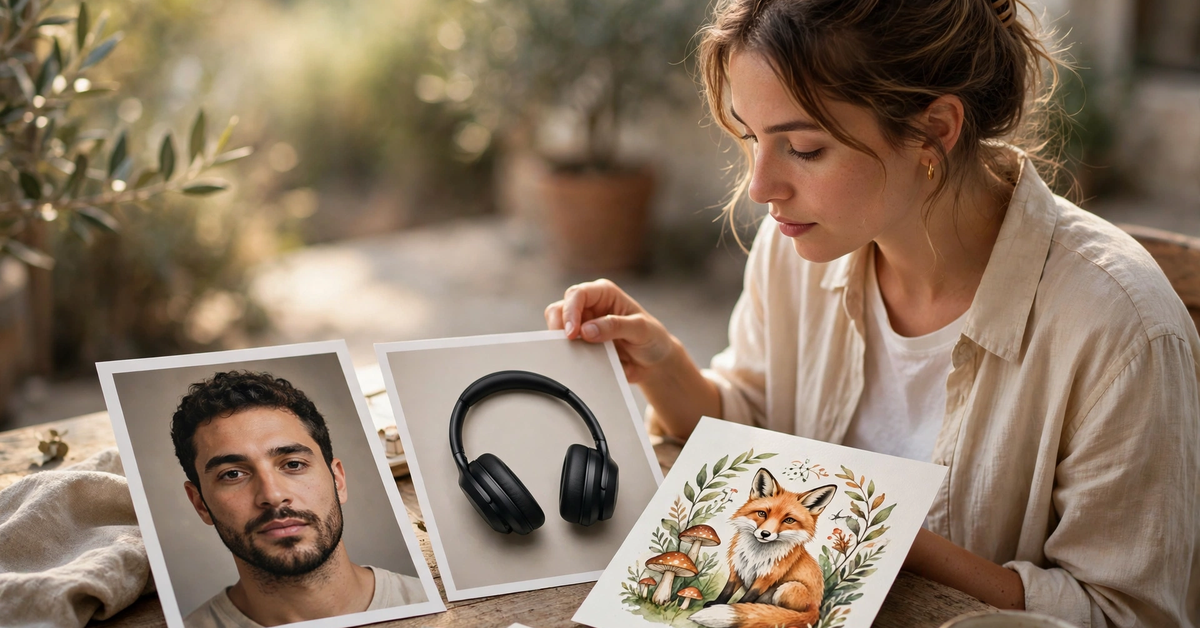 Creator comparing printed AI generated photos including a portrait, product shot and illustration on a table