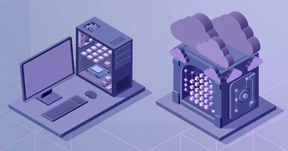 Desktop computer beside a separate cloud account memory vault
