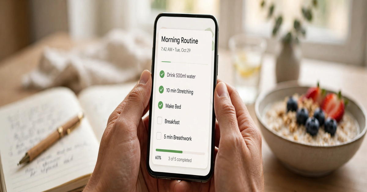 Morning routine checklist on a phone beside a notebook on a kitchen table