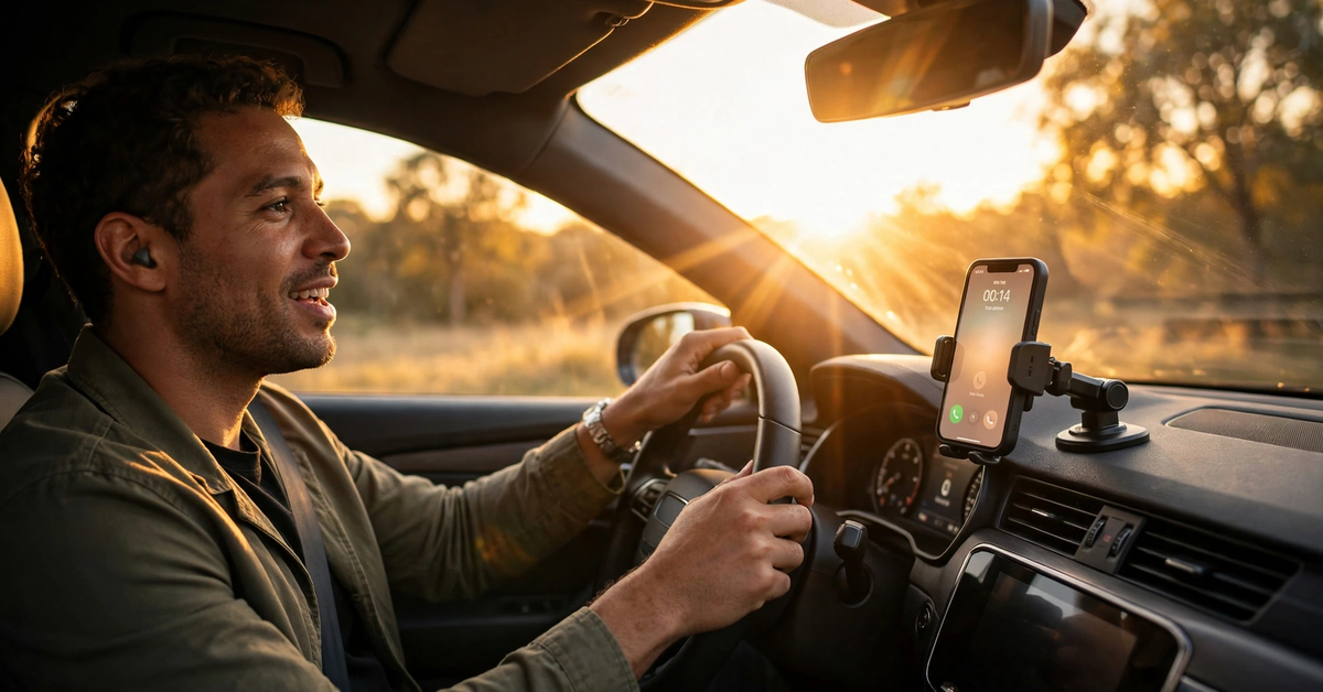 Driver talking hands-free to ChatGPT voice mode in a car