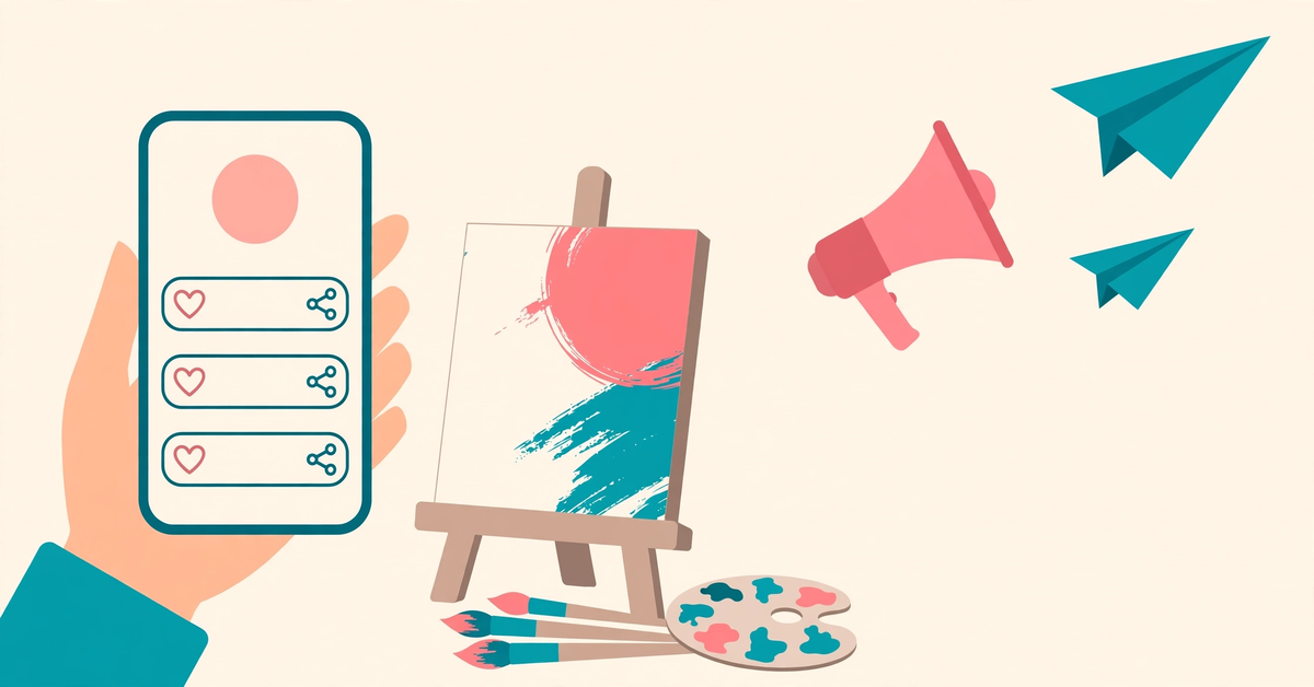 Flat illustration of a hand holding a smartphone with social media icons beside a design easel, representing the best AI tools for small business used for marketing