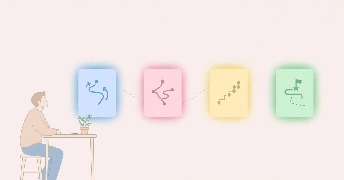 Flat illustration of a person at a desk choosing among four colored AI task pathway cards, each representing different ChatGPT alternatives matched to a specific job