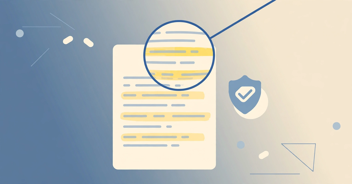 Flat vector illustration of AI tools for lawyers reviewing a legal contract, with a magnifying glass highlighting clauses and a shield checkmark privacy icon