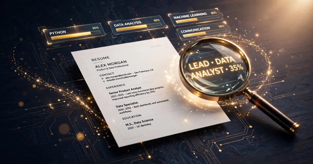 A premium illustration of a professional ATS-friendly resume with AI keyword analysis and a magnifying glass highlighting job match details