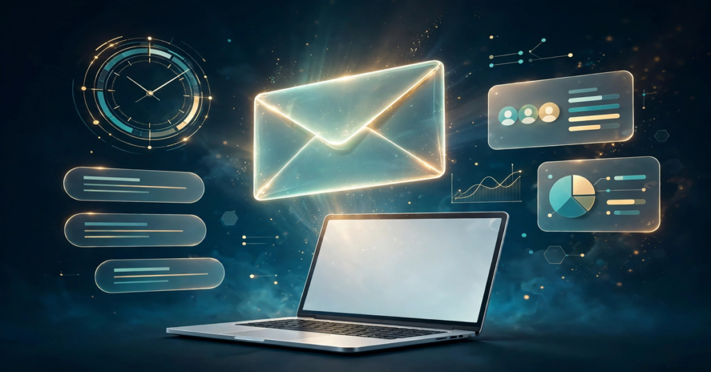Glowing golden envelope above a laptop with AI analytics icons for subject lines, send time, and audience segments on a dark navy background