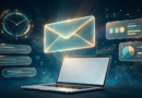Glowing golden envelope above a laptop with AI analytics icons for subject lines, send time, and audience segments on a dark navy background