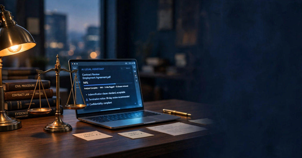Premium law office desk at dusk with brass scales of justice, laptop showing AI contract review, and stacked legal books