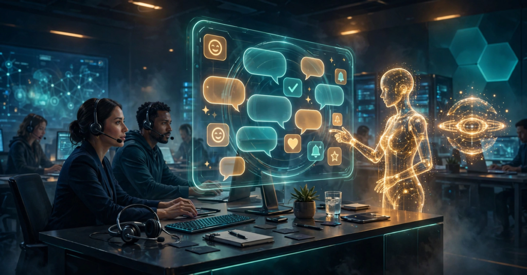 Customer support team working at a modern helpdesk beside a glowing AI assistant hologram displaying chat bubbles, representing the best AI chatbots for customer service