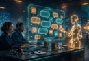 Customer support team working at a modern helpdesk beside a glowing AI assistant hologram displaying chat bubbles, representing the best AI chatbots for customer service