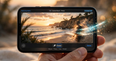 How to remove a person from a photo on iPhone: a digital eraser brush sweeping a photobomber away from a beach photo on an iPhone screen