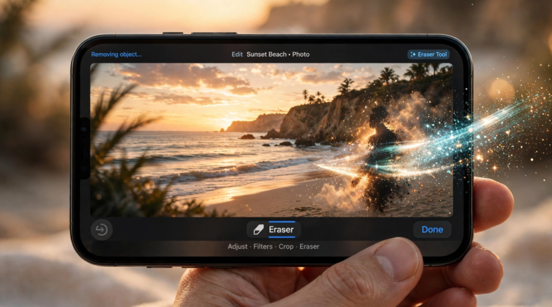 How to remove a person from a photo on iPhone: a digital eraser brush sweeping a photobomber away from a beach photo on an iPhone screen