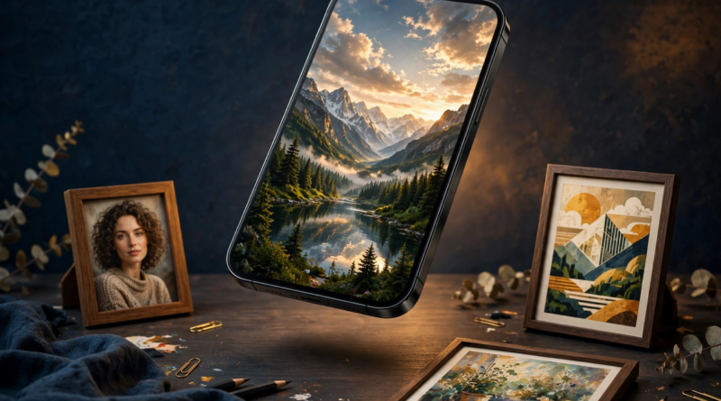 Best ai image generator app comparison showing AI generated artworks in different styles on a phone and framed prints