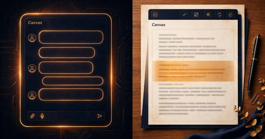 ChatGPT Canvas side by side editing workspace with chat panel and document panel