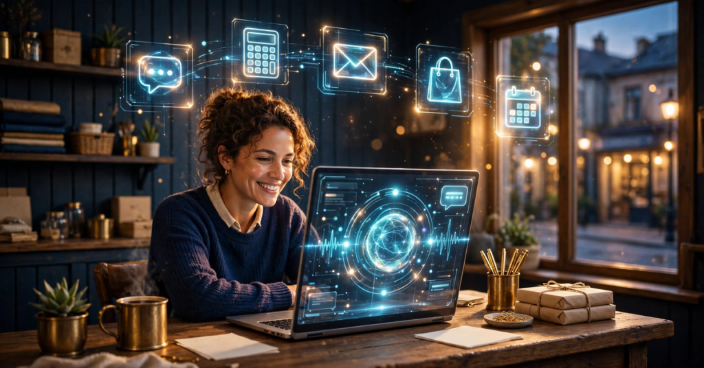 Small business owner at a desk with a laptop showing an AI assistant and floating holographic icons for chat, finance, email, and scheduling