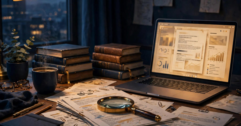 Researcher reviewing a cited ChatGPT Deep Research report with source documents on a desk