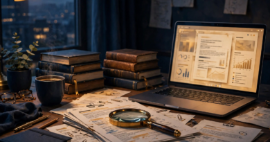 Researcher reviewing a cited ChatGPT Deep Research report with source documents on a desk