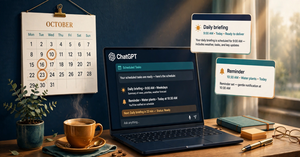 ChatGPT scheduled tasks morning desk with calendar, laptop, and reminder notifications