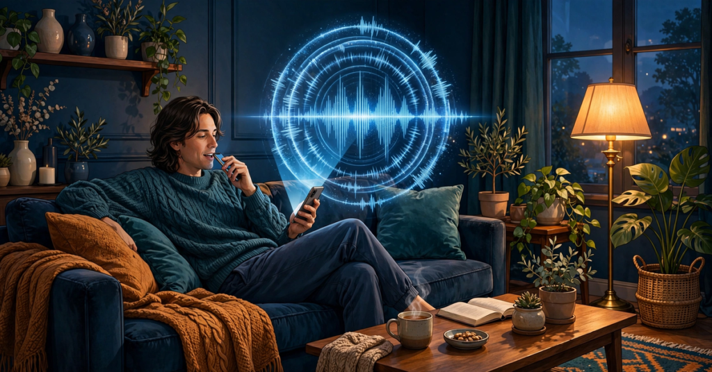 Person talking to ChatGPT Advanced Voice Mode on a smartphone at home