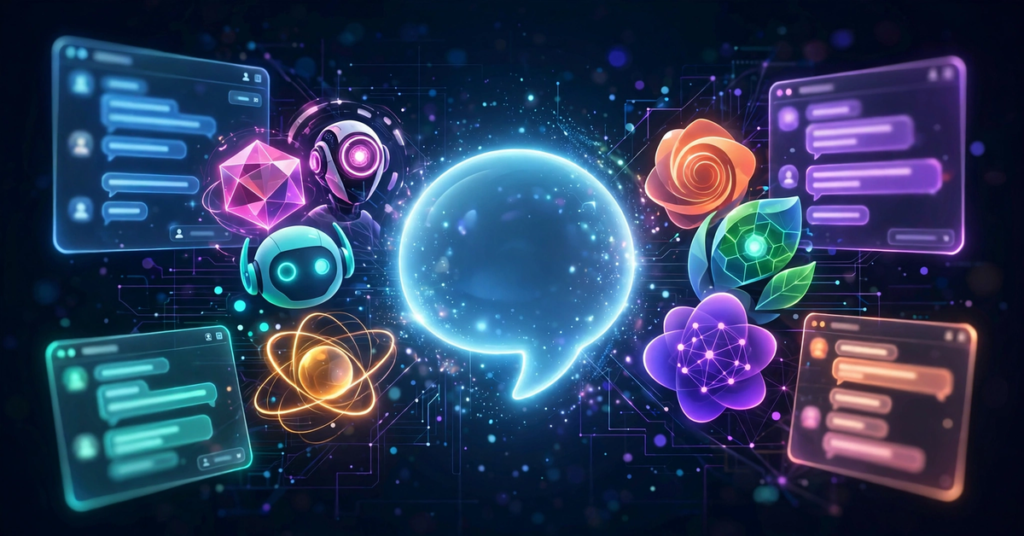 Glowing AI chatbot windows and assistant avatars arranged around a central chat bubble on a dark navy background