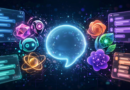 Glowing AI chatbot windows and assistant avatars arranged around a central chat bubble on a dark navy background