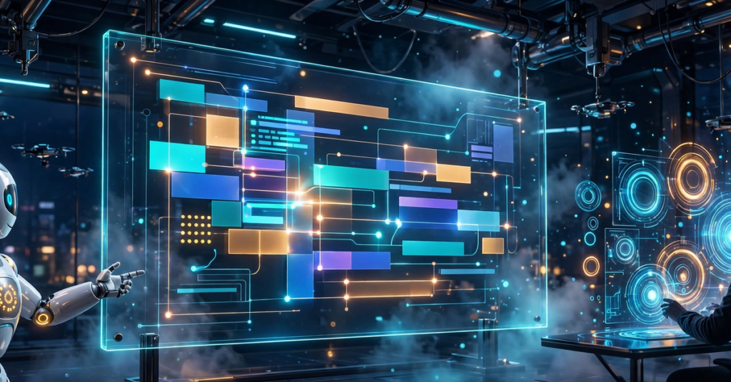 Futuristic developer workspace with a glowing AI code editor screen, a sleek robot assistant, and holographic tools in deep blue and cyan tones