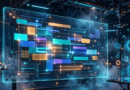 Futuristic developer workspace with a glowing AI code editor screen, a sleek robot assistant, and holographic tools in deep blue and cyan tones
