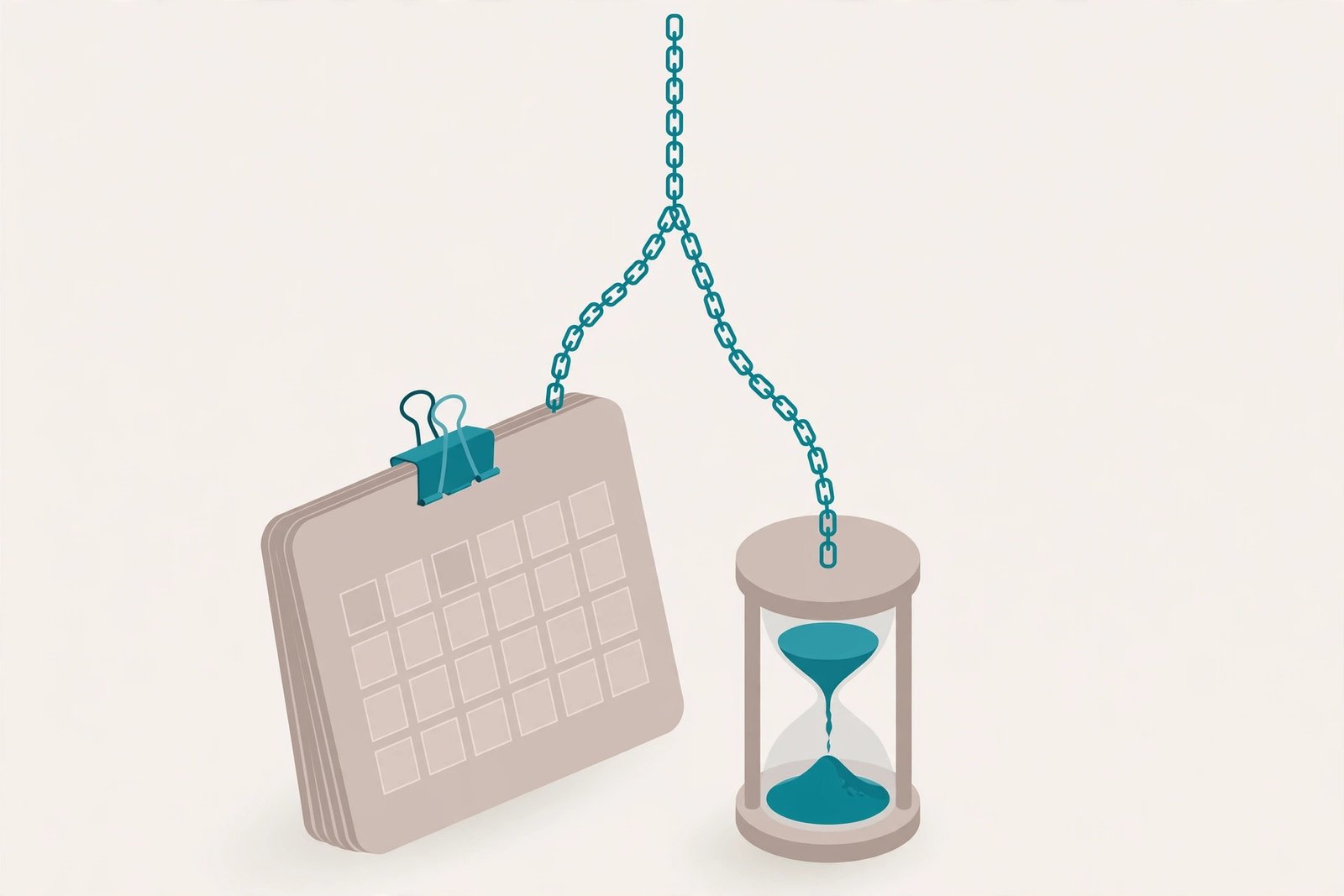 How long does link building take to work: isometric illustration of a calendar and hourglass with rising chain links